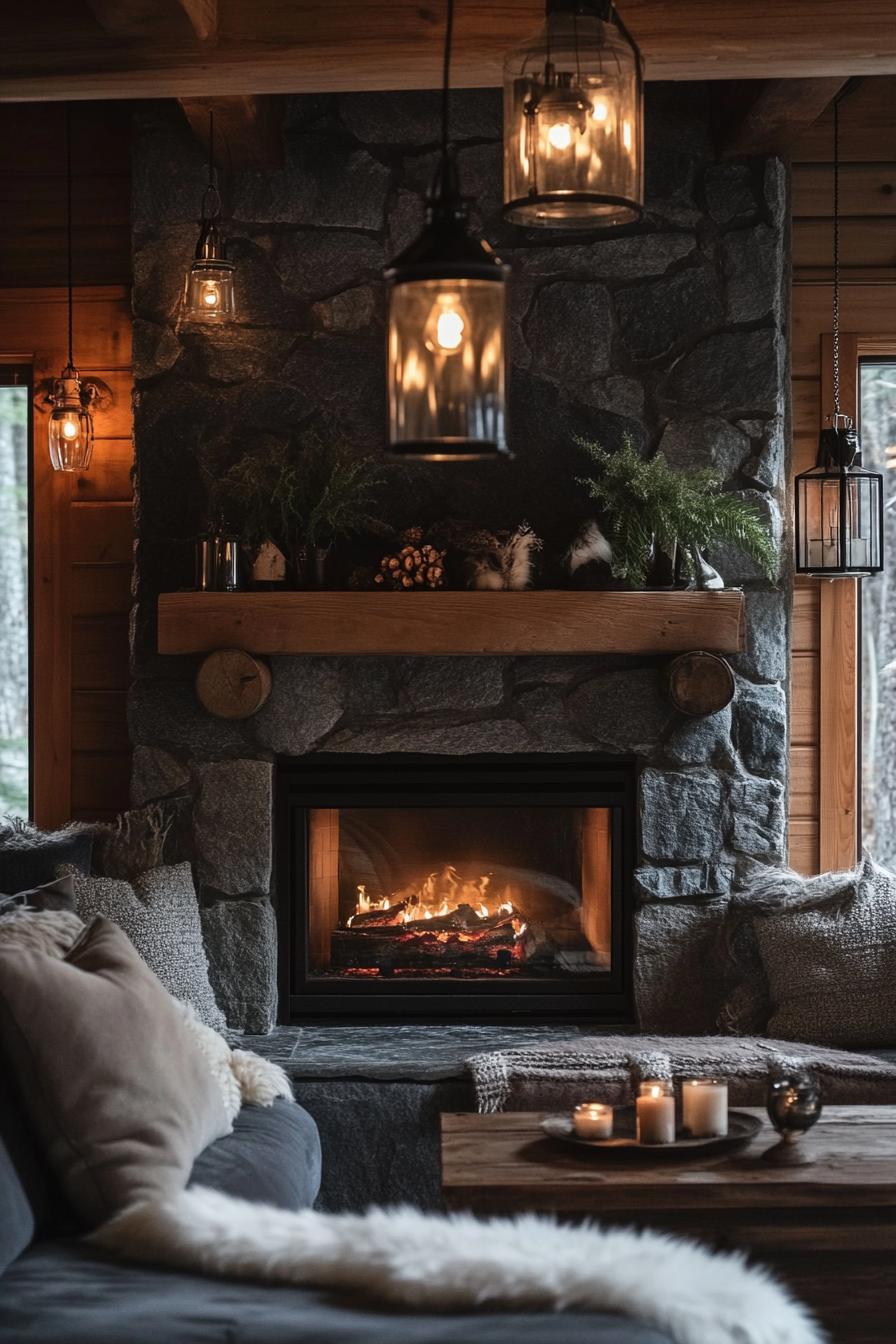 Stone fireplace with glowing candles and lush ferns