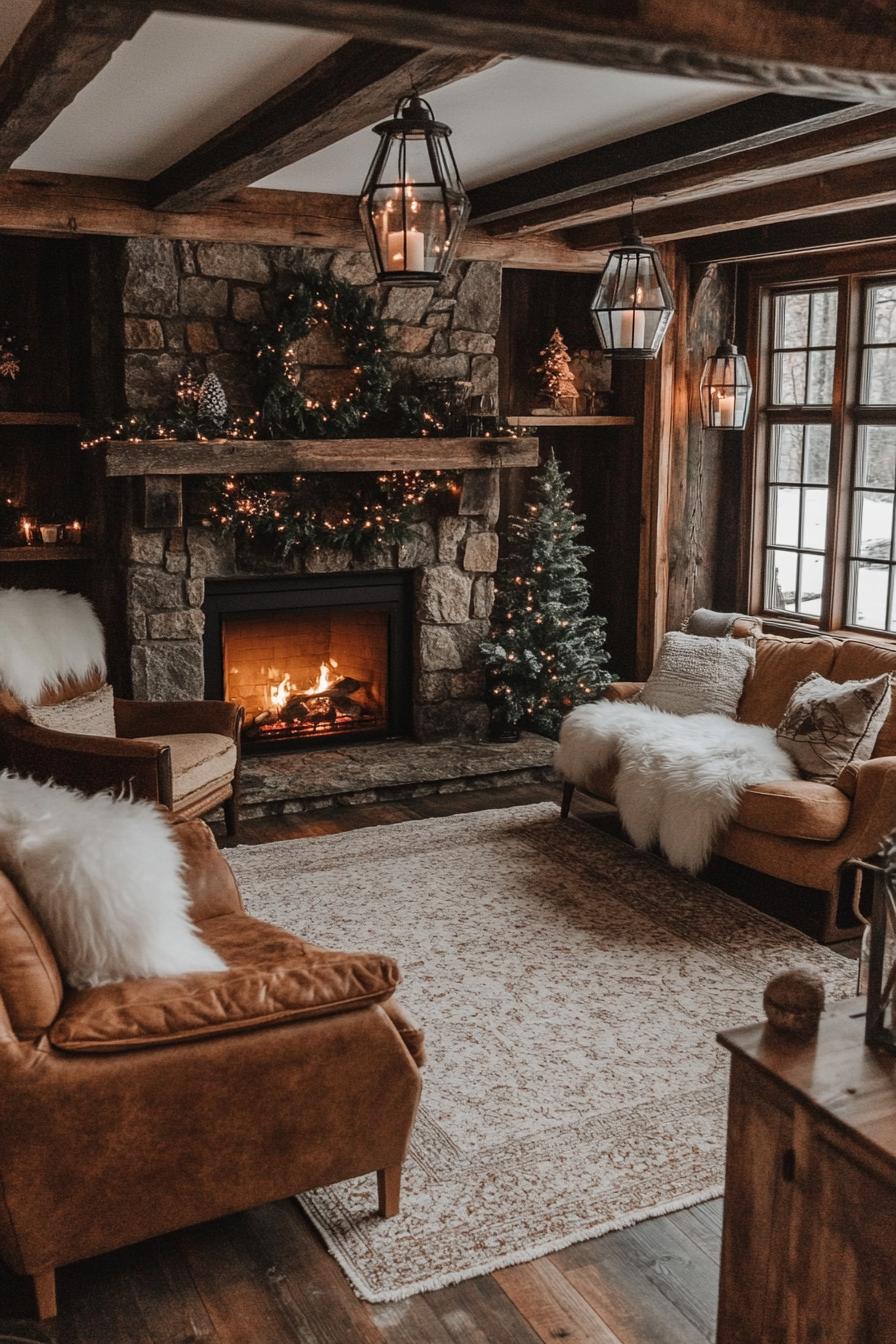 Rustic living room with stone fireplace and cozy sofas