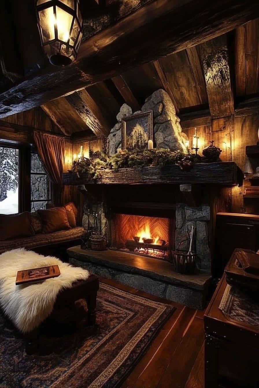 Cozy stone-walled room with a roaring fireplace