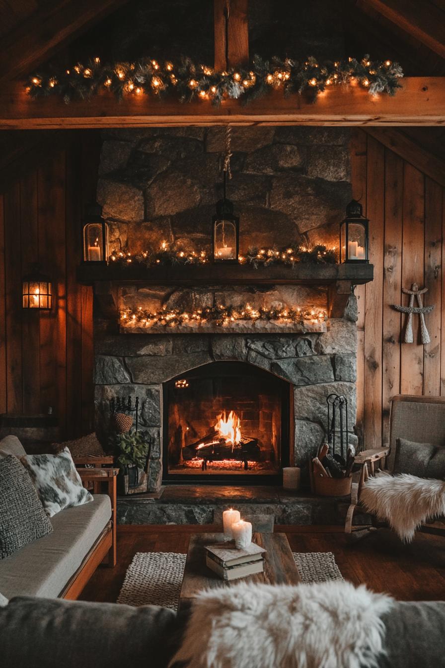 Cozy living room with stone fireplace and warm wooden accents