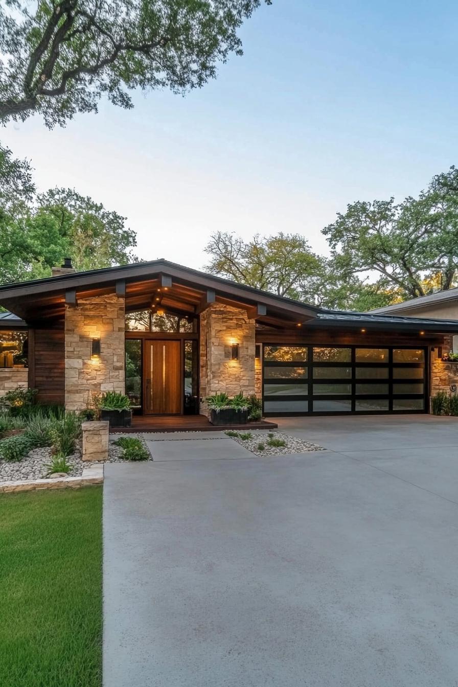 Mid-century modern house with stone facade