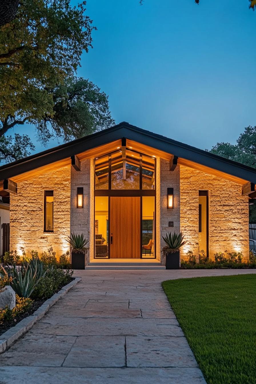 Small modern house with stone facade and large central window