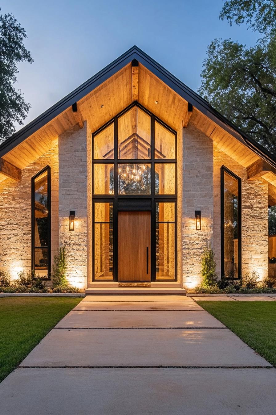 Modern house with large glass entrance and stone walls