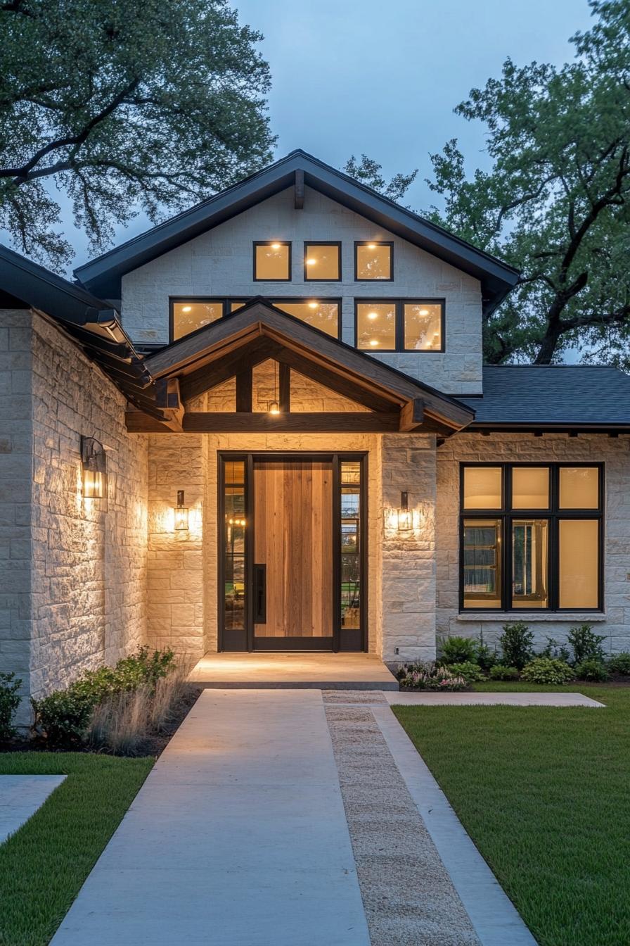 Modern stone house with warm, glowing windows