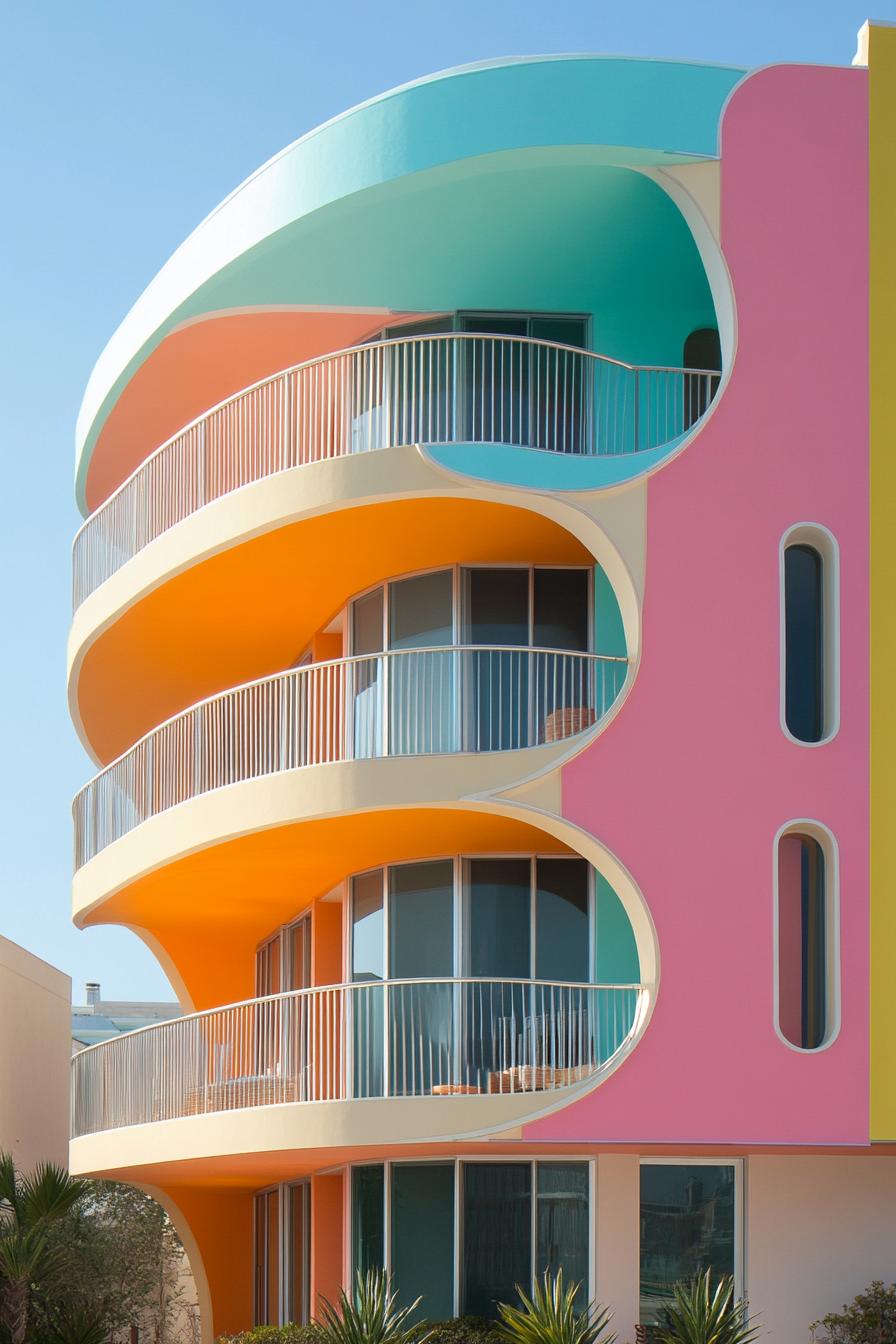 Multicolored curved building with balconies