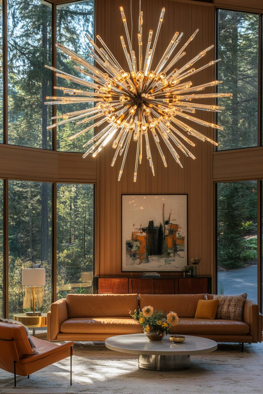 Elegant mid-century living room with a spiky chandelier