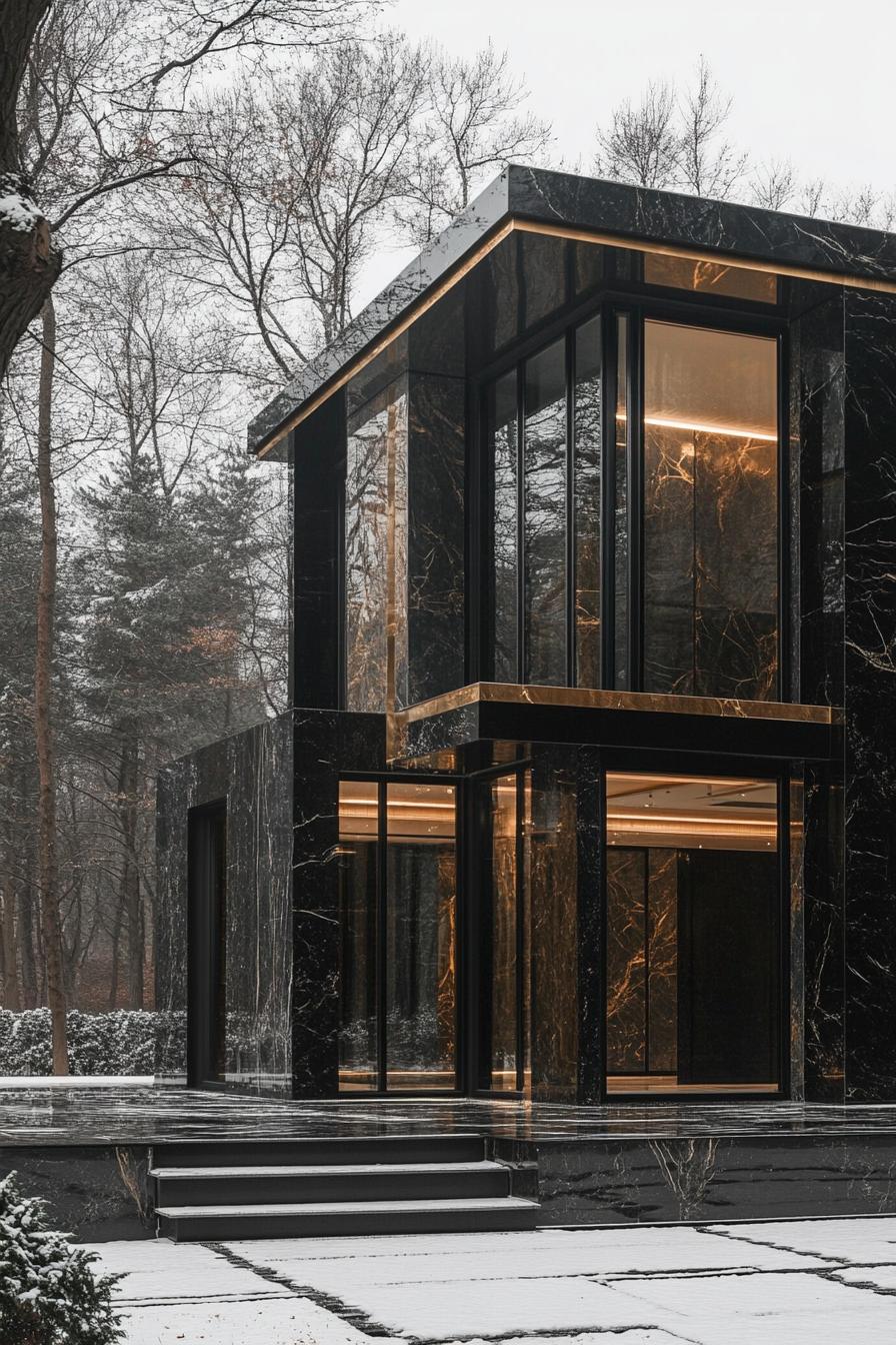 Modern house with glass and marble exterior in a winter setting