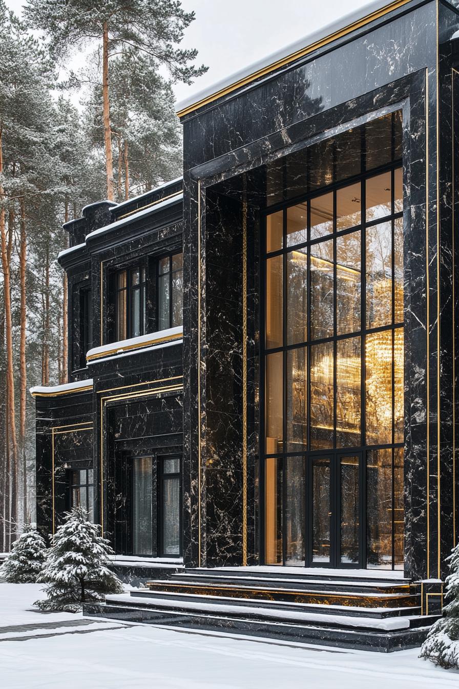 Sleek black marble house amidst snowy woods