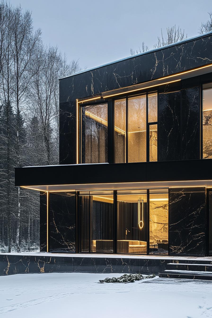 Modern house with black marble exterior and glowing warm lights