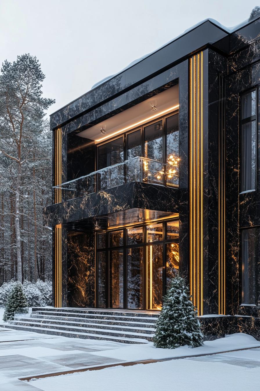 A modern house with black marble walls and glowing lights