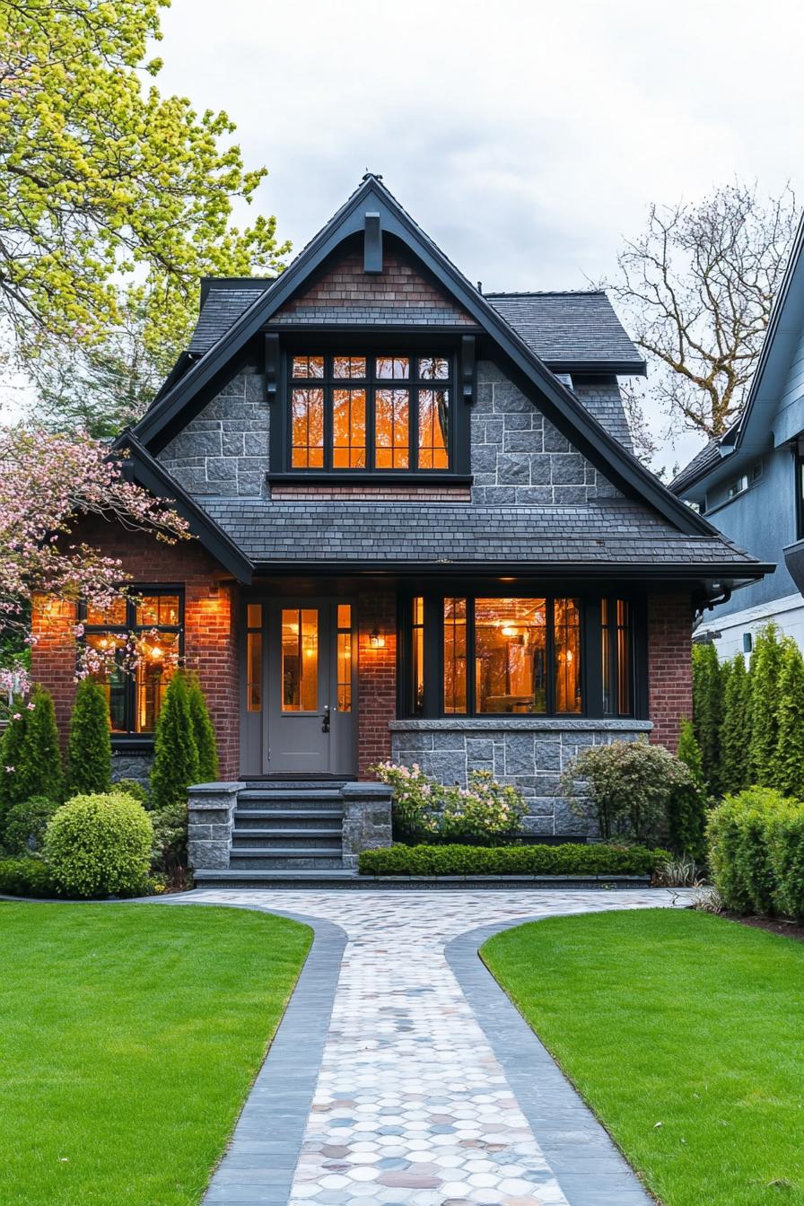 Cozy stone house with glowing windows and lush garden