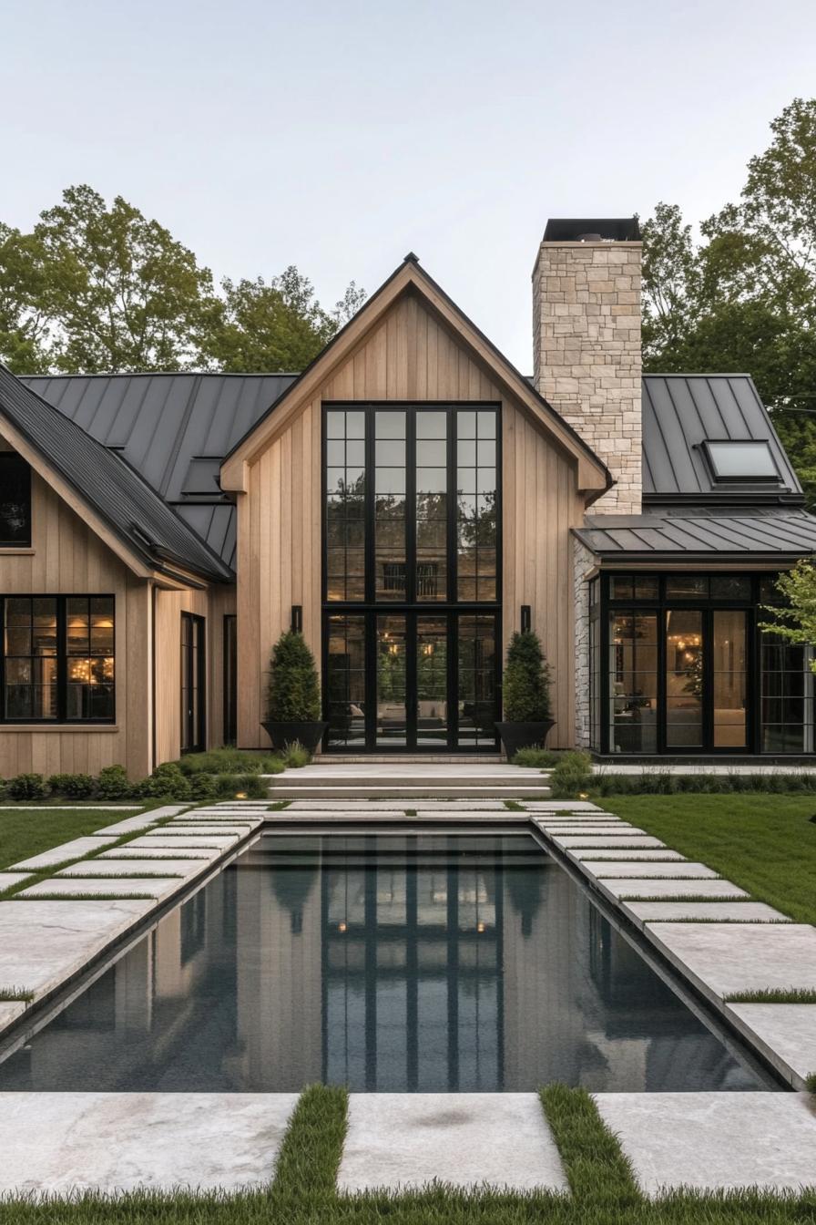 Modern farmhouse with pool and stone pathway