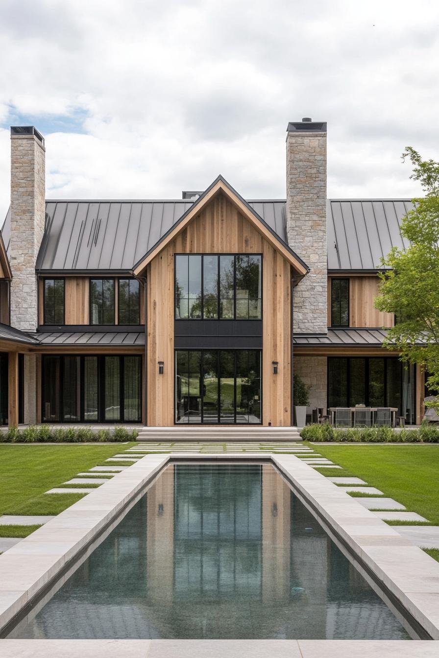 Modern farmhouse with pool and lawn