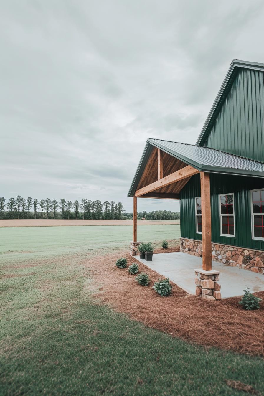 Modern metal home with green siding and wooden accents