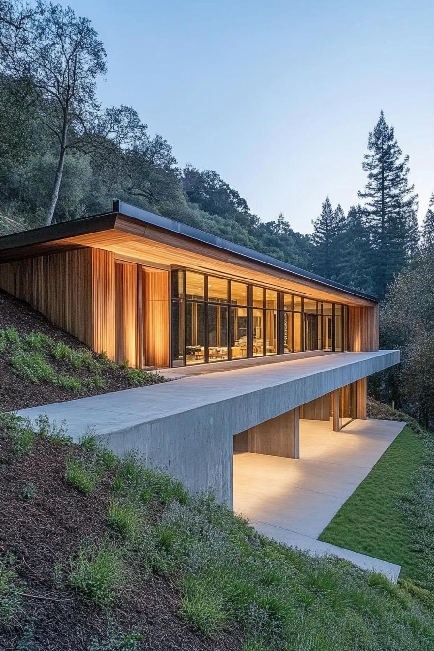 Modern long house illuminated at dusk