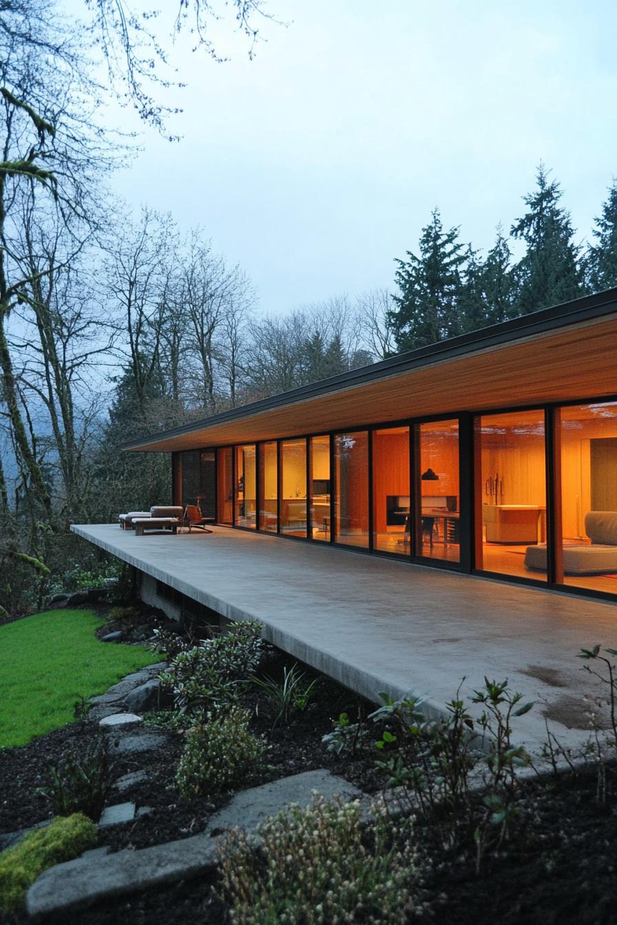 Long house with floor-to-ceiling windows surrounded by trees