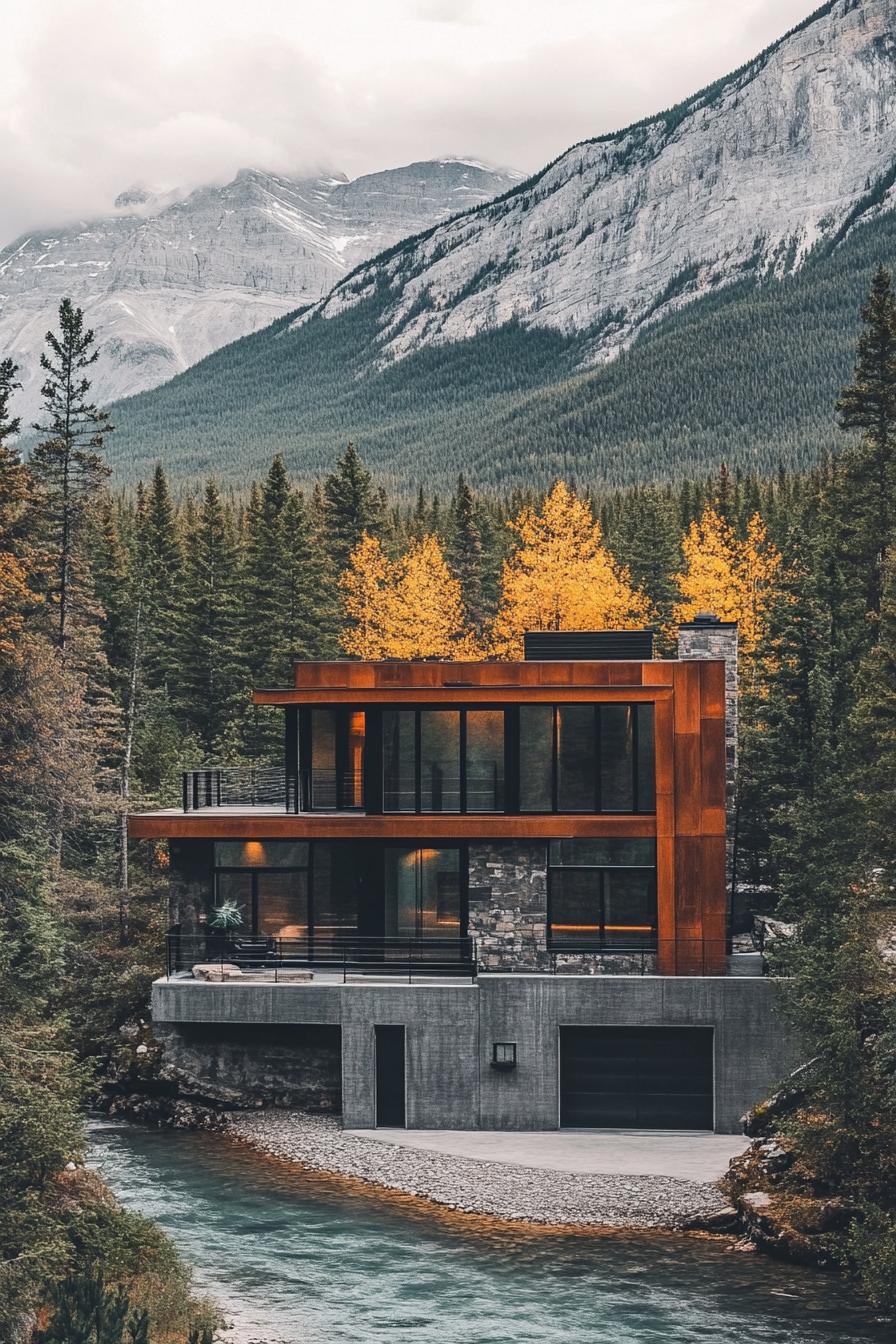 Modern house with glass and rusty accents nestled by a river