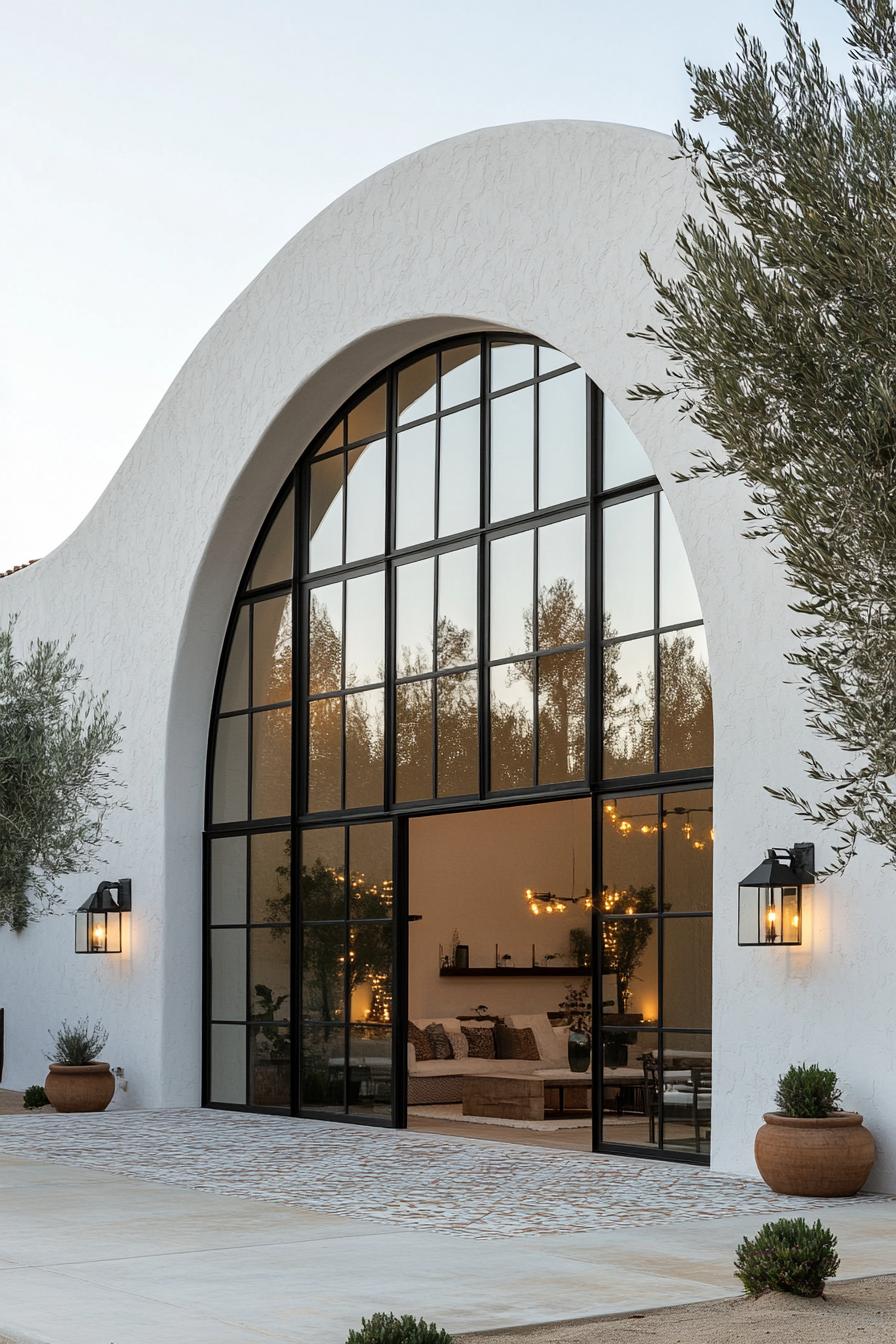 Large arched window with warm glow inside