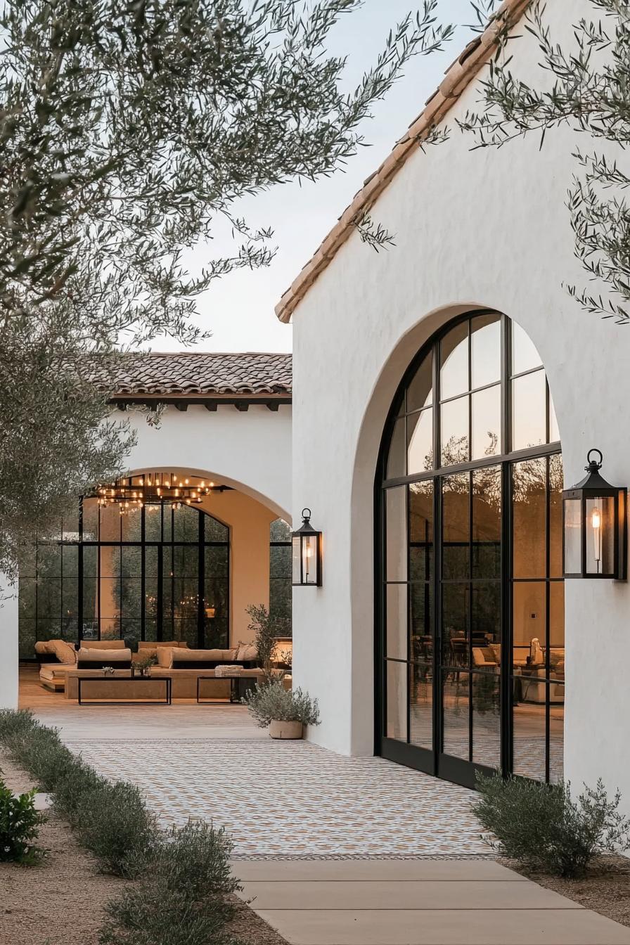 White stucco farmhouse with large arched windows and outdoor seating