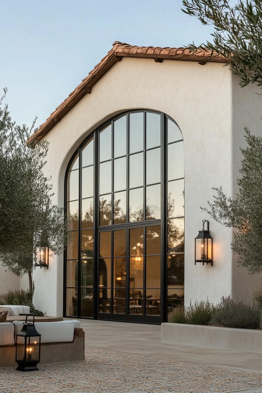 Modern farmhouse with large arched windows and patio