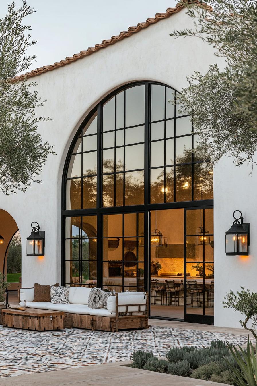 Modern farmhouse with large arched windows and outdoor seating