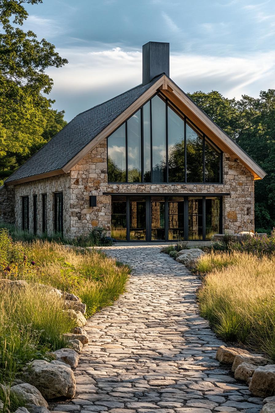 Modern stone barn with large glass windows and a cobblestone path