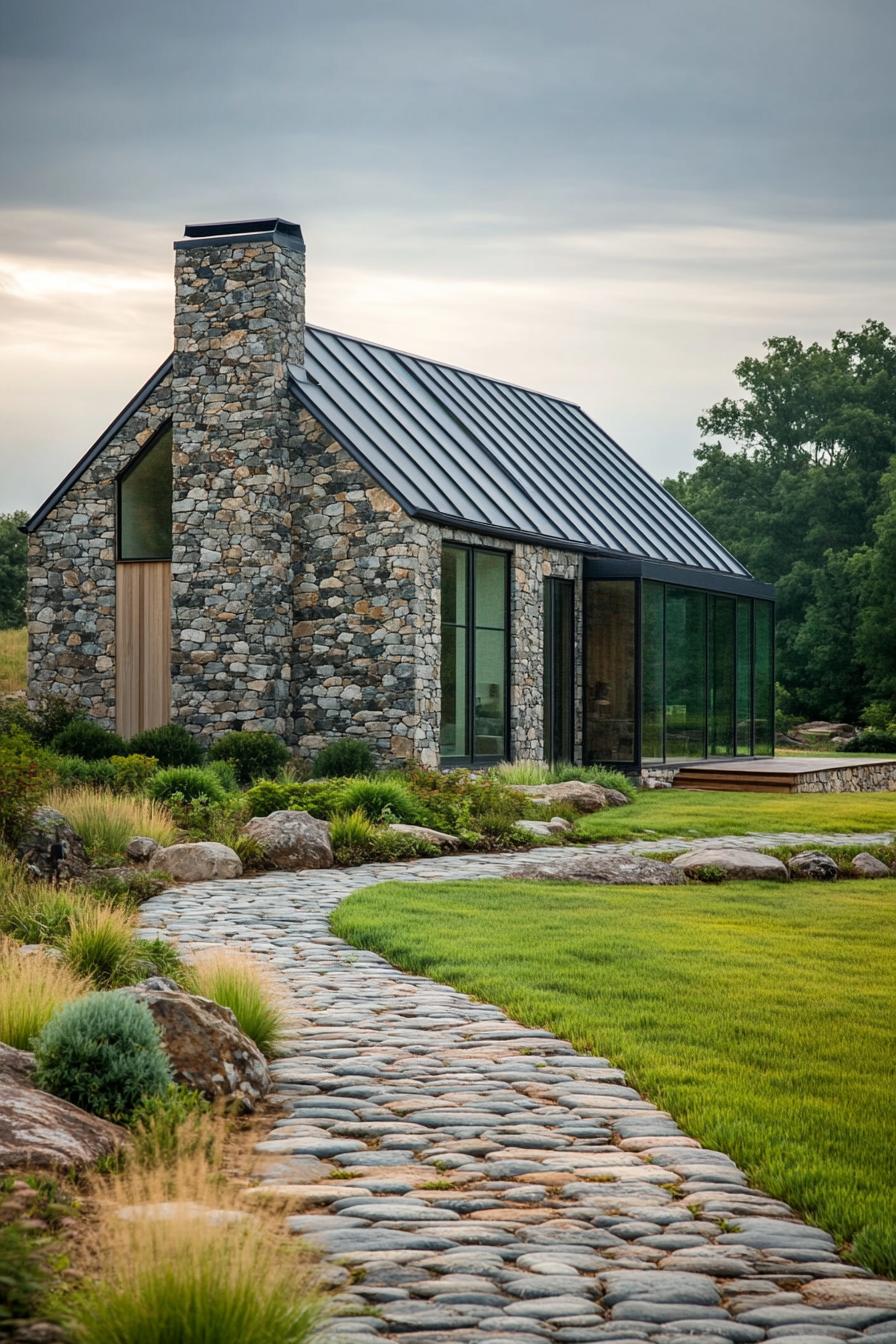 A charming stone barn with modern elements and lush surroundings