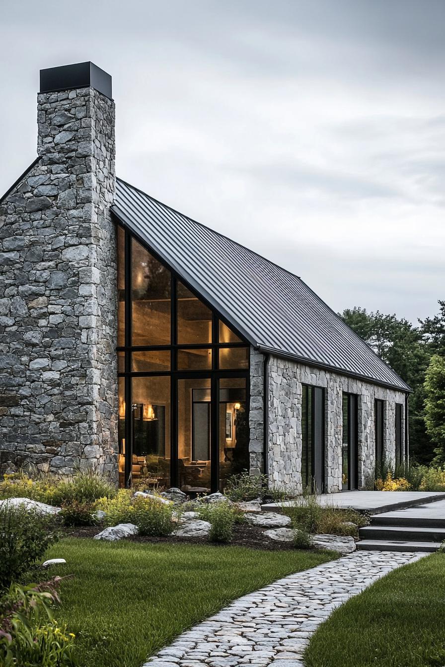 Modern stone barn with large windows and a black metal roof