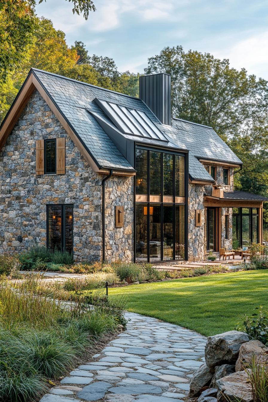 Modern stone barn with lush greenery