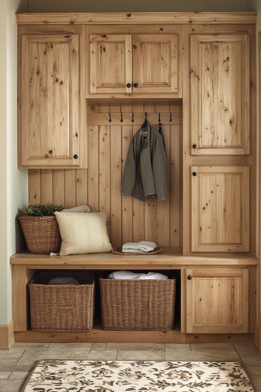 Cozy wooden mudroom with storage baskets