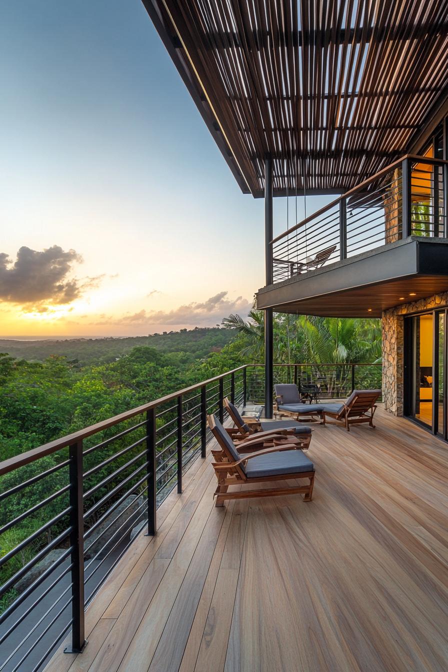 Open deck overlooking lush landscape with cozy chairs