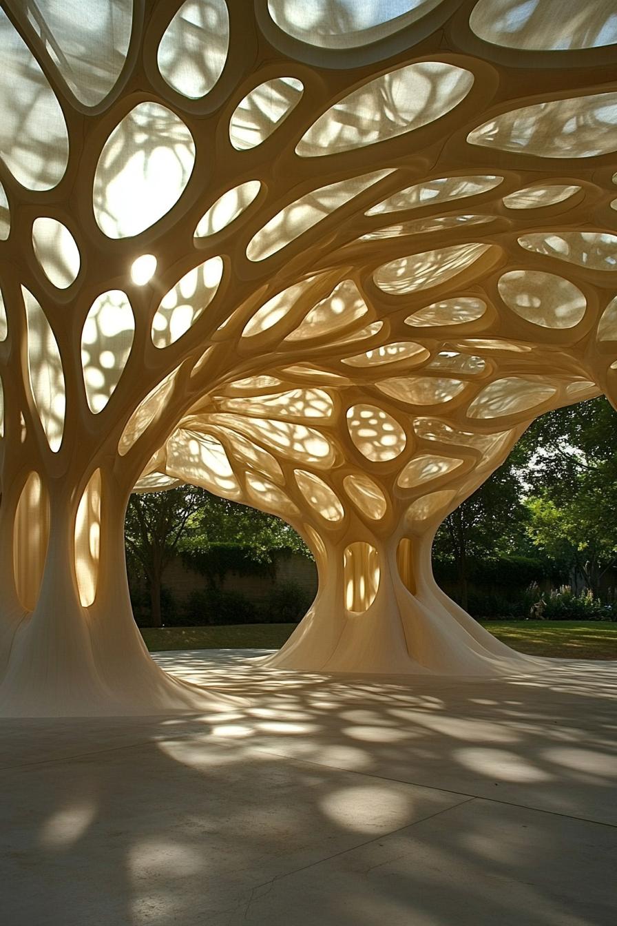 Abstract pavilion with organic shapes and sunlight patterns