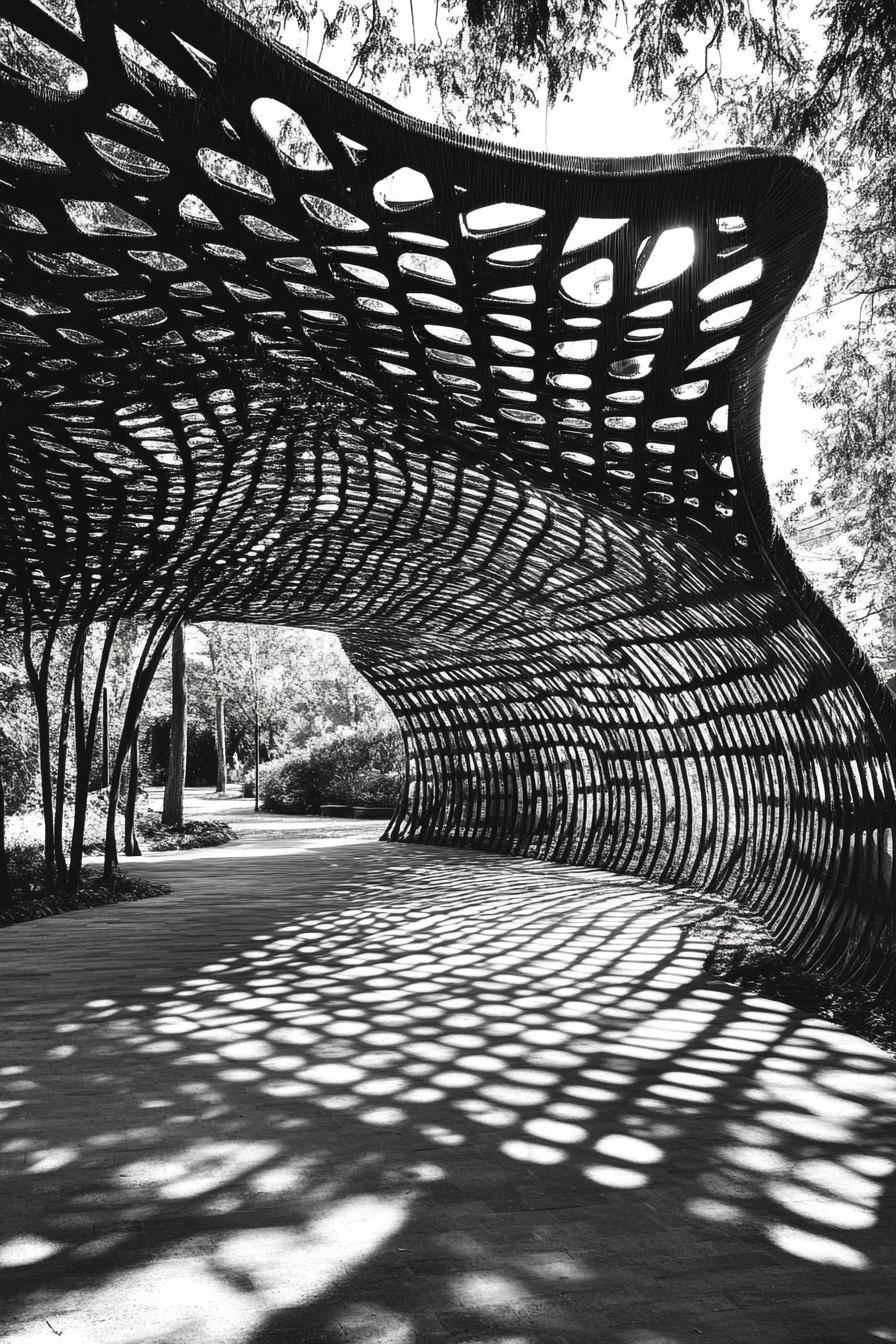 Intricate pavilion structure casting shadows