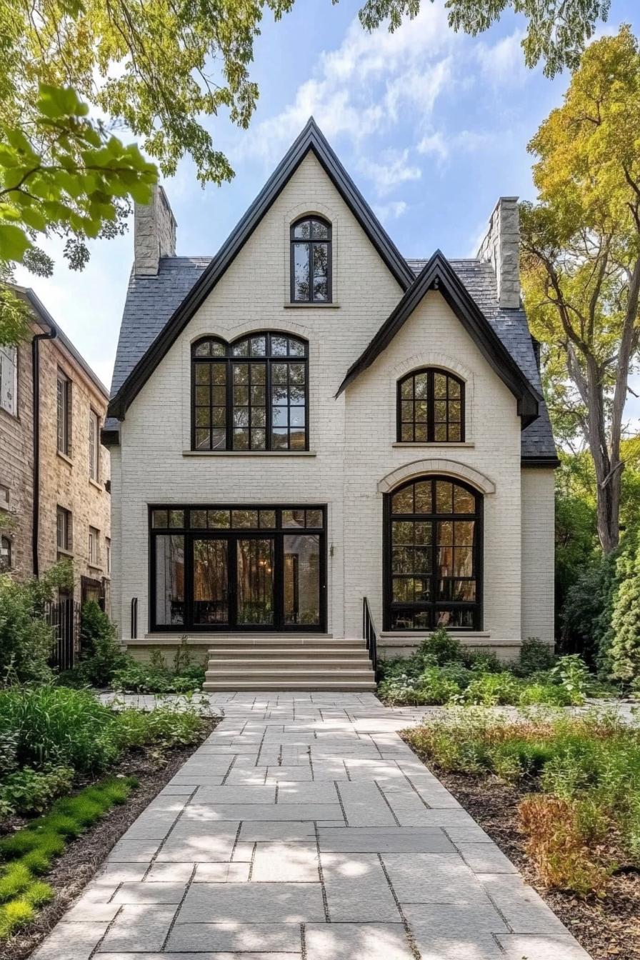 Modern Tudor house with arched windows and a stone path