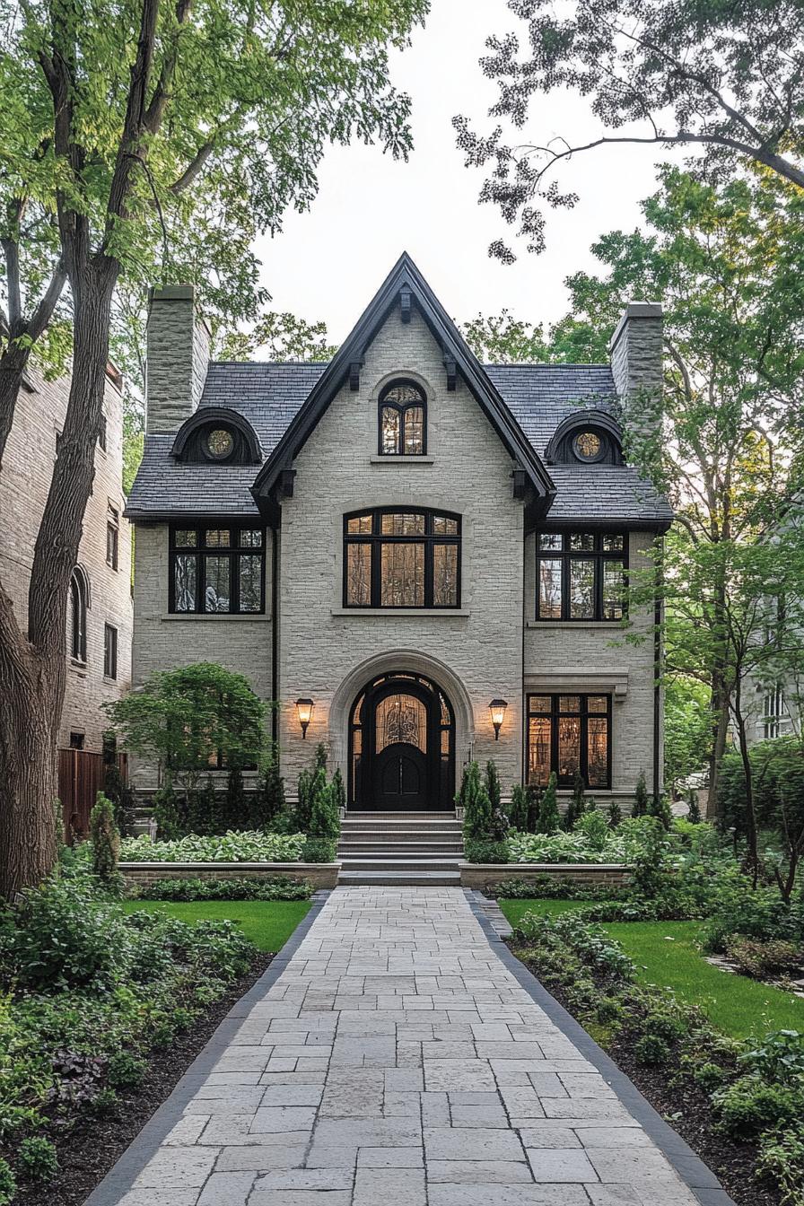 Modern Tudor house with arched windows and lush greenery