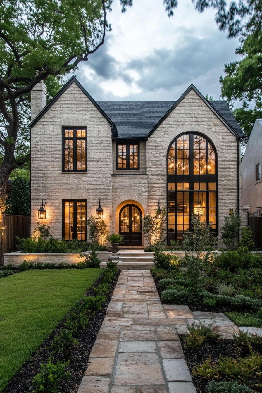 Front view of a modern Tudor house with large windows