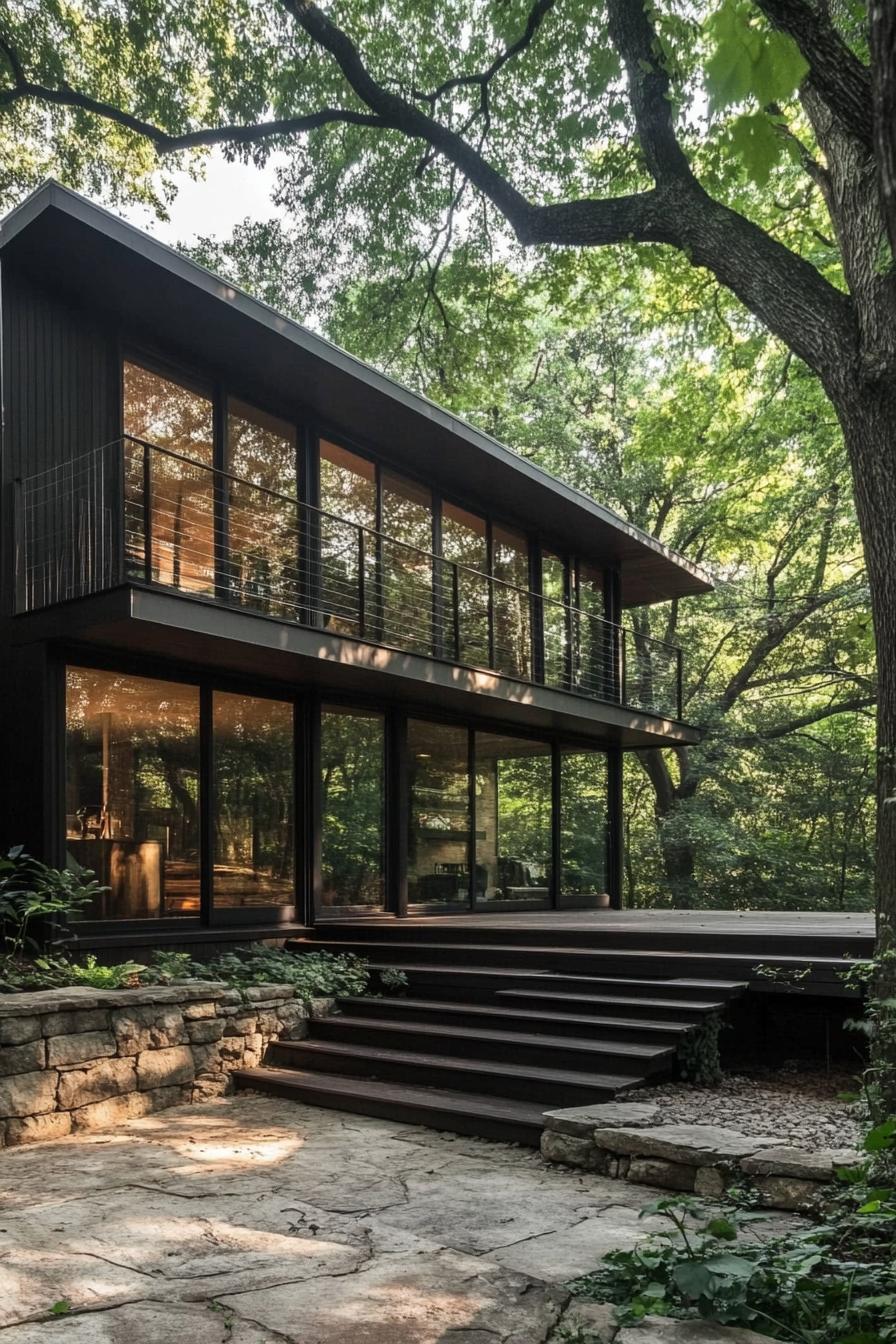 Modern split level house surrounded by trees