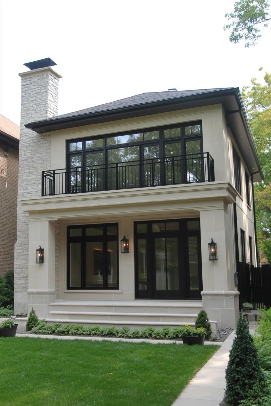 Modern house with black-framed windows and lush lawn