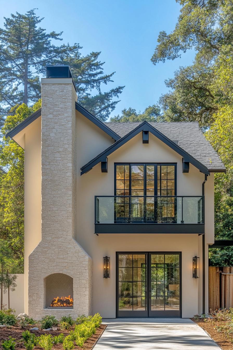 Chic modern house with glass railing and large chimney