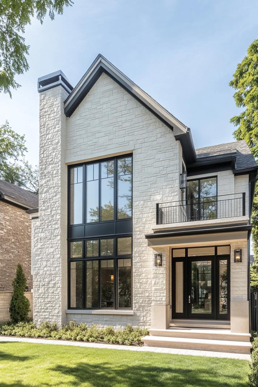 Modern house with large windows and stone façade