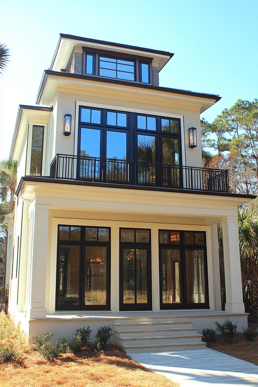 Modern multi-story house with large windows and a neutral façade, set among trees