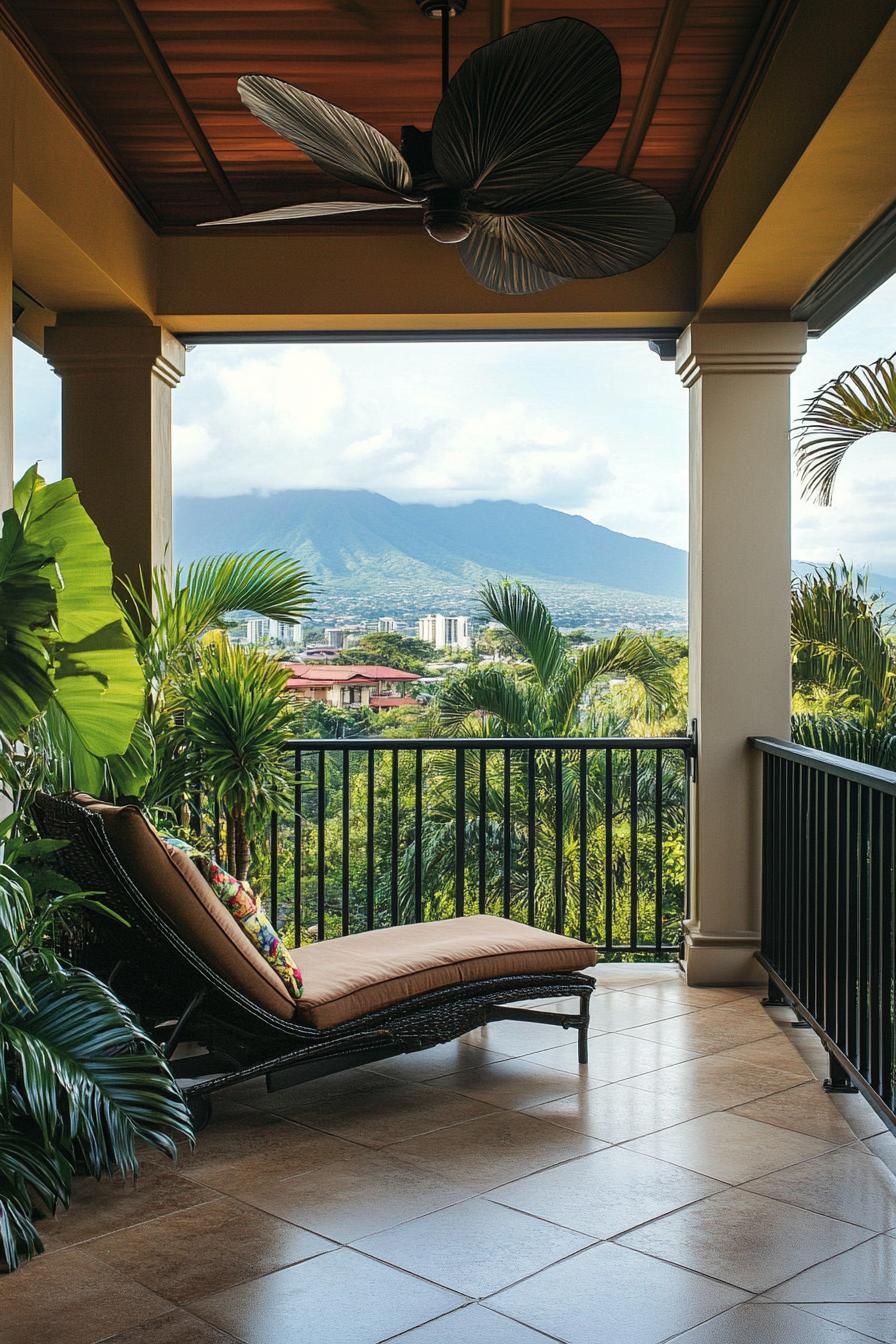 A cozy outdoor balcony with a lounge chair and lush plants