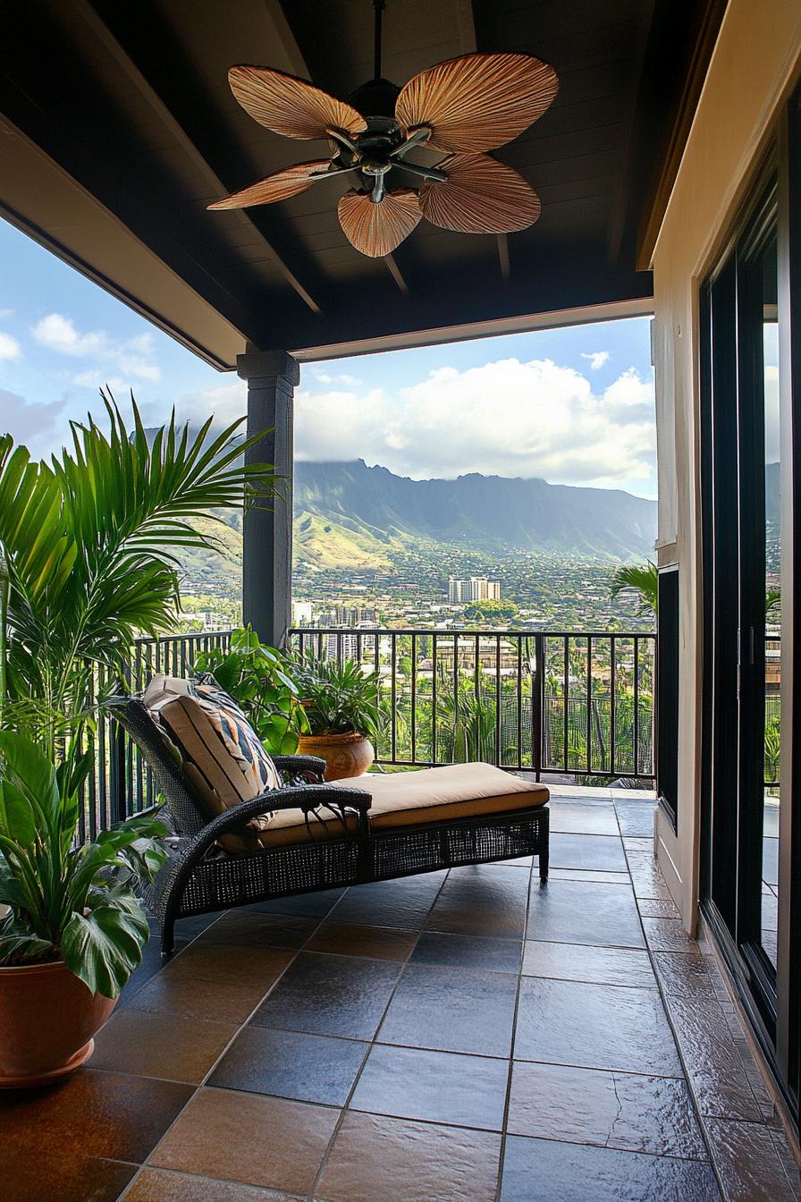 Balcony with chaise lounge, ceiling fan, and mountain view