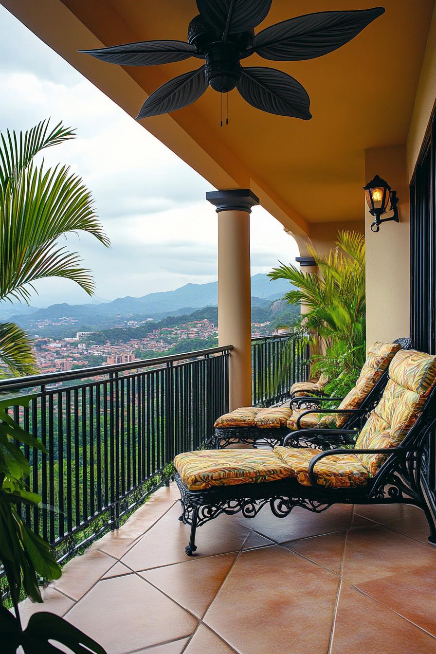 Spacious balcony with lounge chairs, mountain view