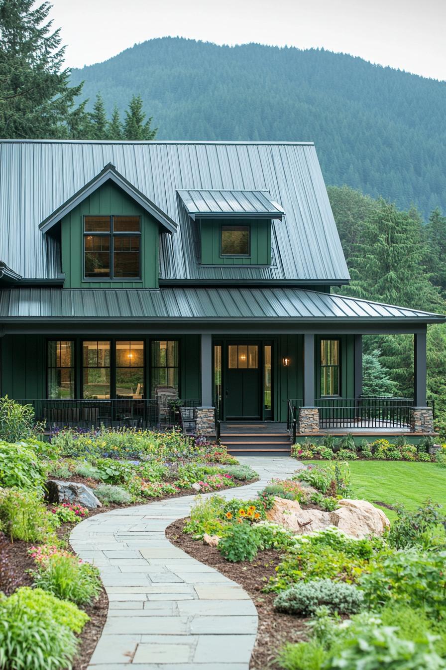 Cozy green farmhouse with a metal roof by the mountains