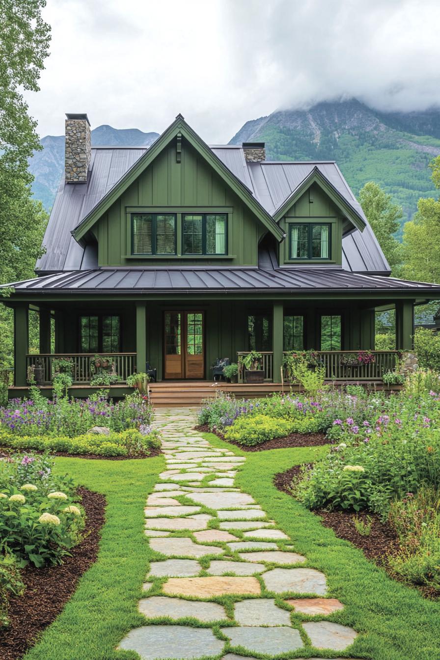 Green farmhouse amidst lush garden and mountains