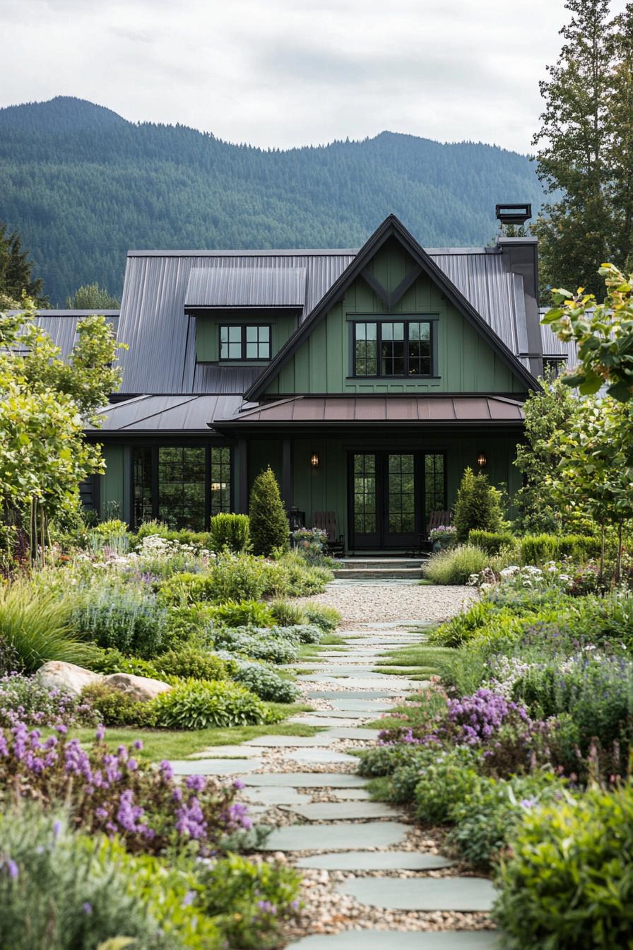 Rustic cabin with lush garden and mountain backdrop