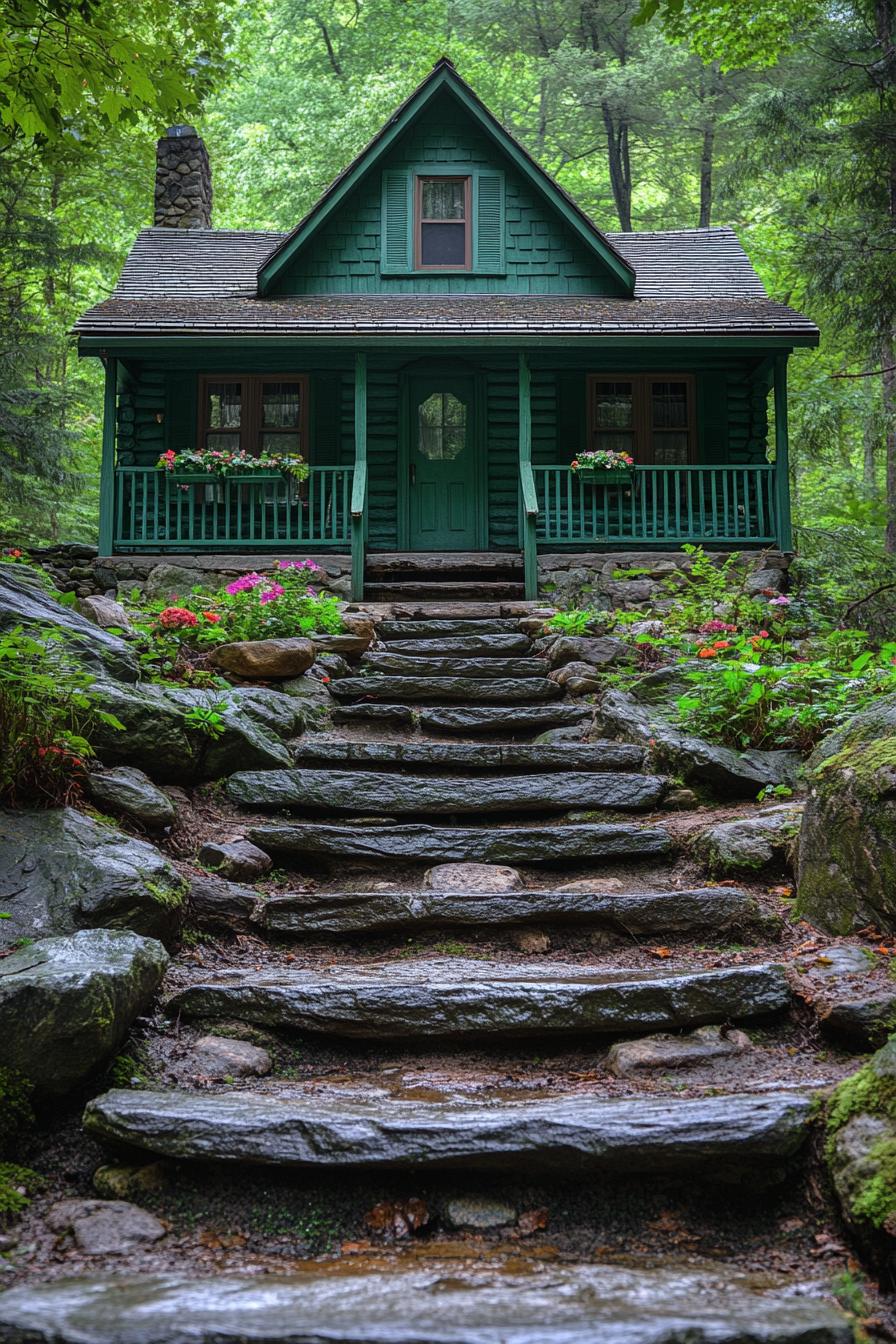 Charming green cottage with stone steps and floral surroundings