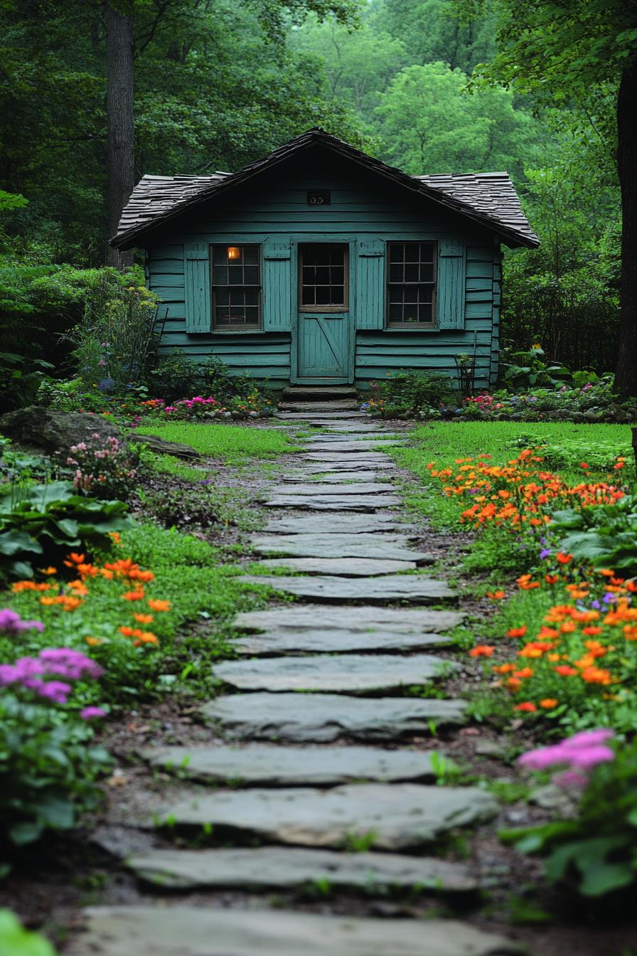 Quaint cottage surrounded by lush greenery and vibrant flowers