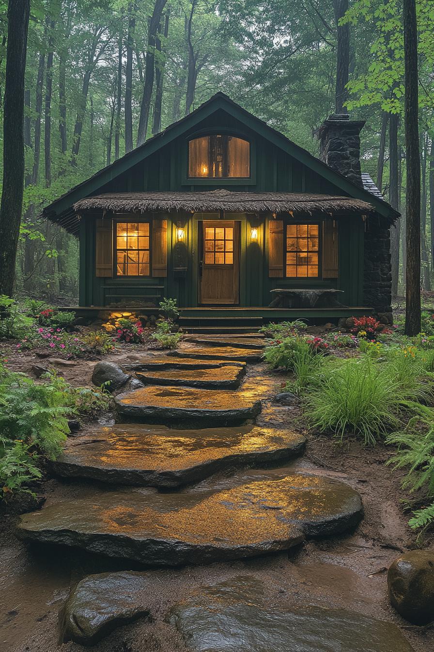 Charming forest cabin with glowing windows